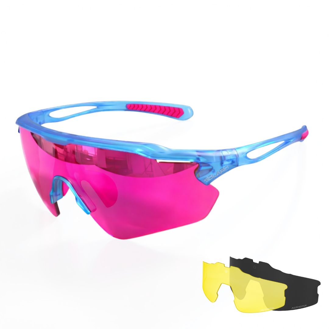 Solaro Shades baseball sunglasses. Pink and blue sports sunglasses for softball, running, and more.