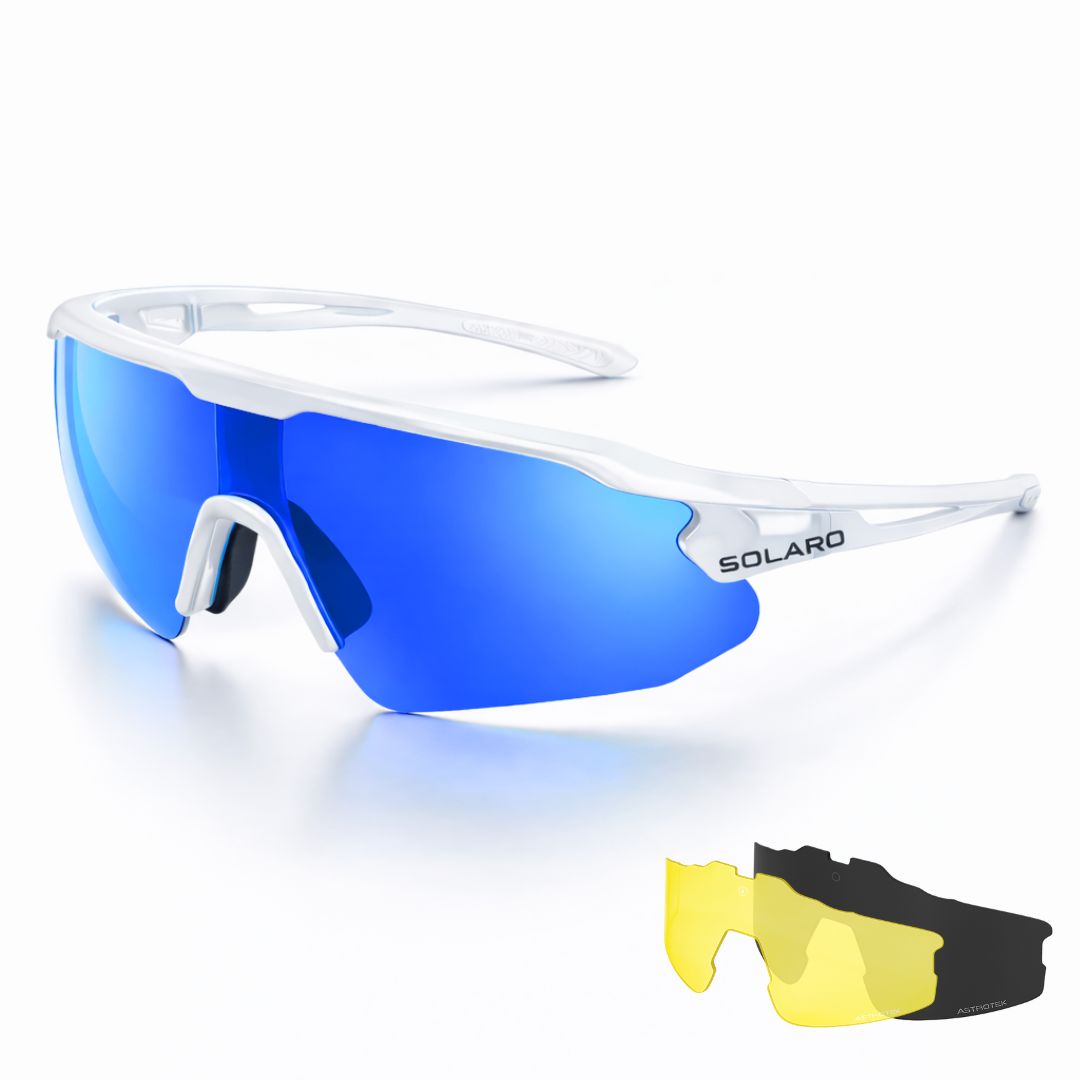 Solaro Shades baseball sunglasses. White and blue sports sunglasses for softball, running, and more.