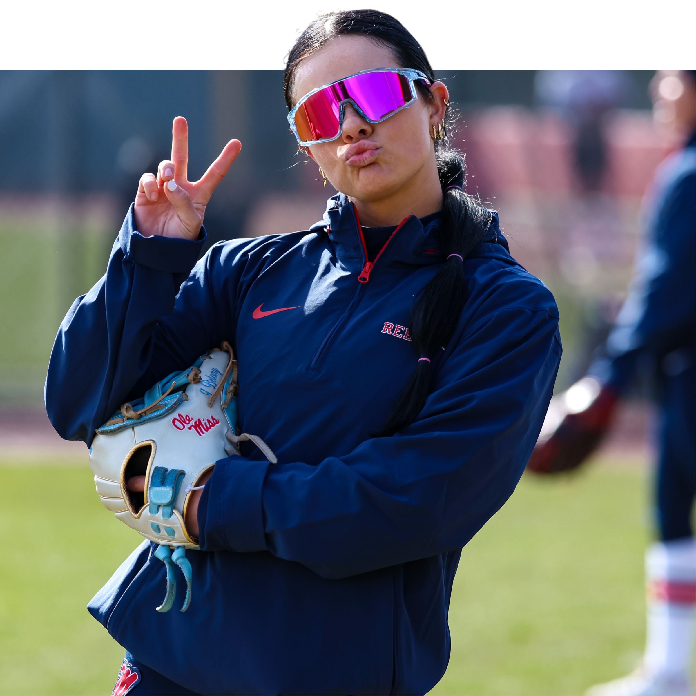 Taylor Strain of Ole Miss softball wearing Solaro Shades sports sunglasses for softball. Designed by women.