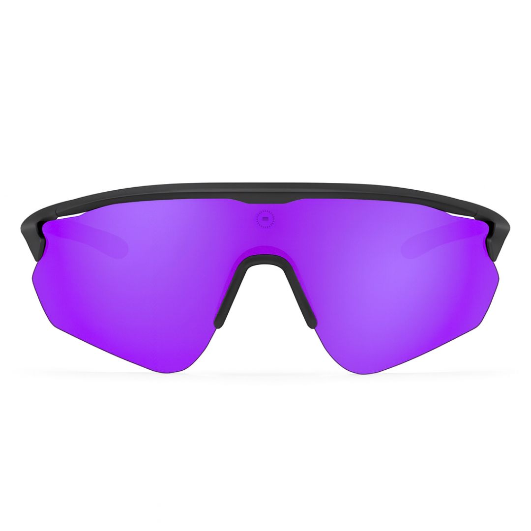 Solaro Shades Nova Sunglasses for baseball and softball. Black frame and purple lens. Best sunglasses for baseball.  Multiple lenses included.