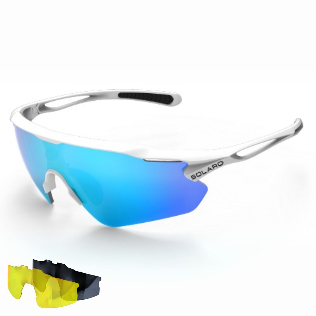 Solaro Shades Nova Sunglasses for baseball and softball. White frame and blue lens. Best sunglasses for baseball.  Multiple lenses included.