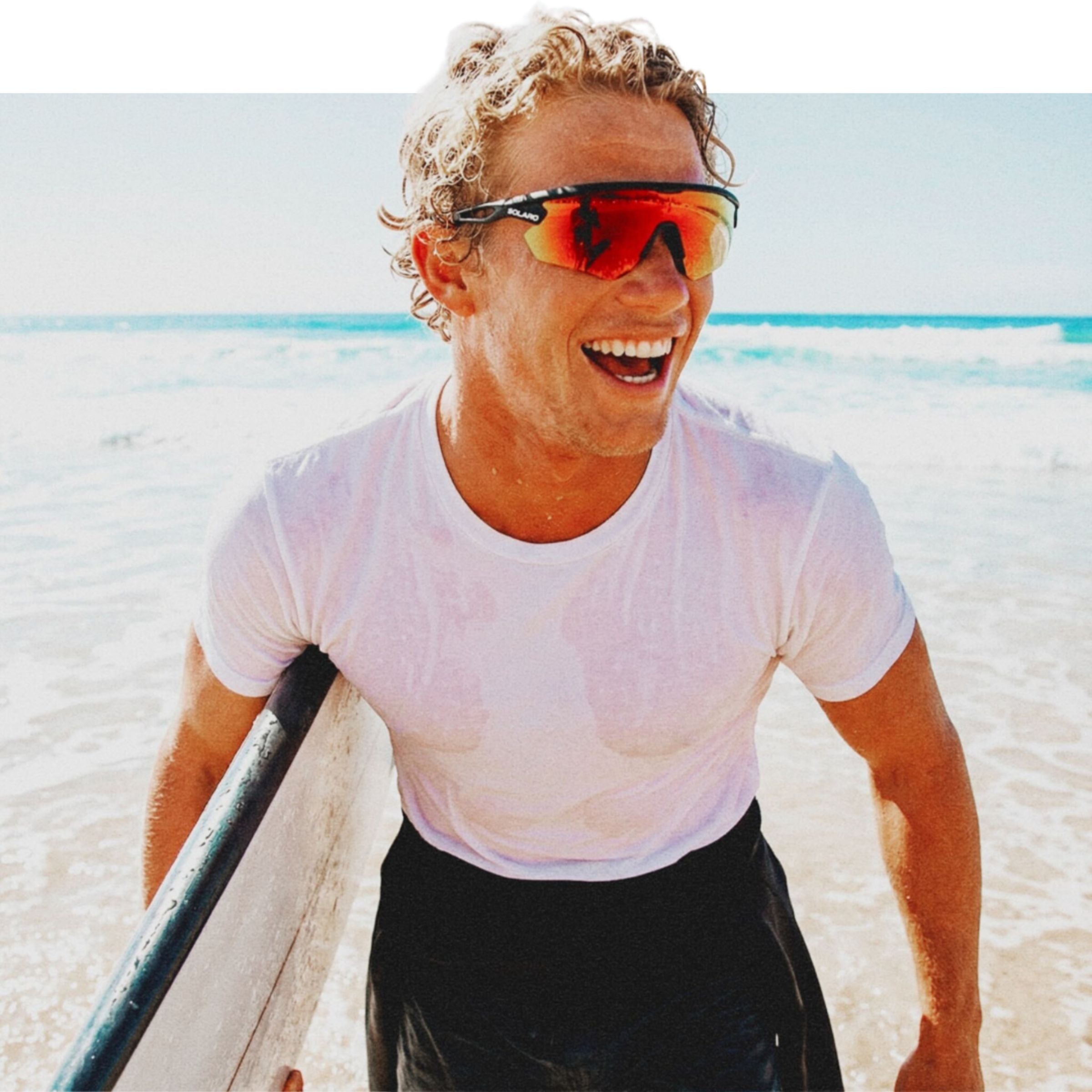 a surfer wearing solaro shades sports sunglasses, the best sports sunglasses.