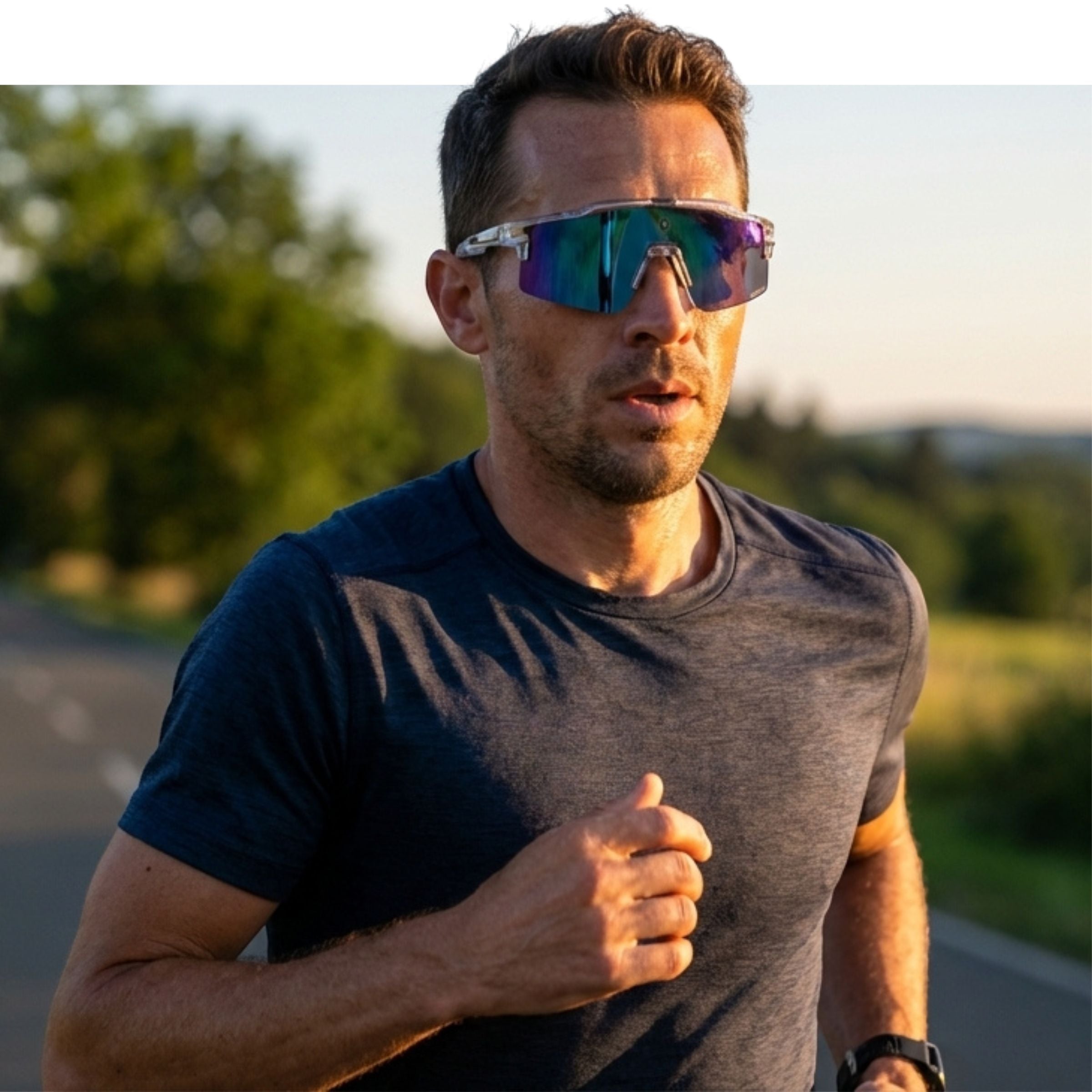 Man running outdoors wearin Solaro Shades reflective running sunglasses