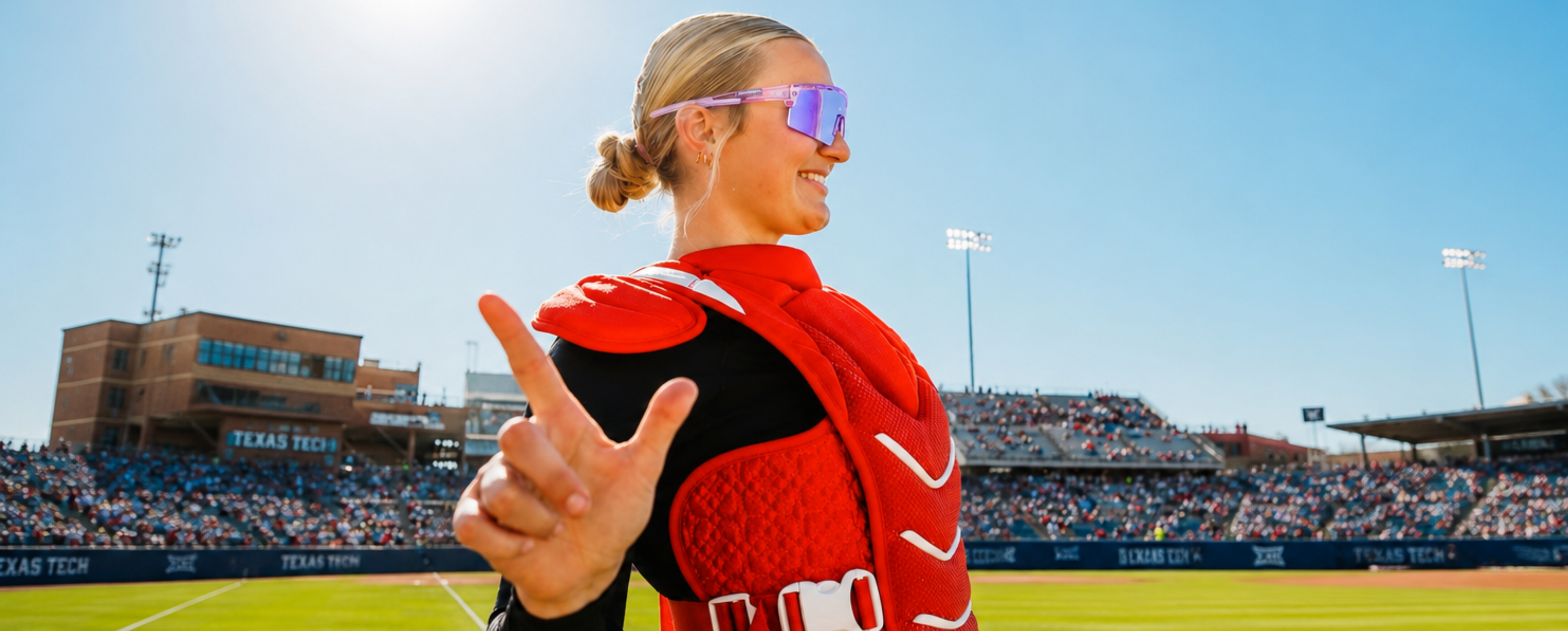 Nik Schmidt of Texas Tech softball wearing Solaro Shades baseball sunglasses for softball and sports.
