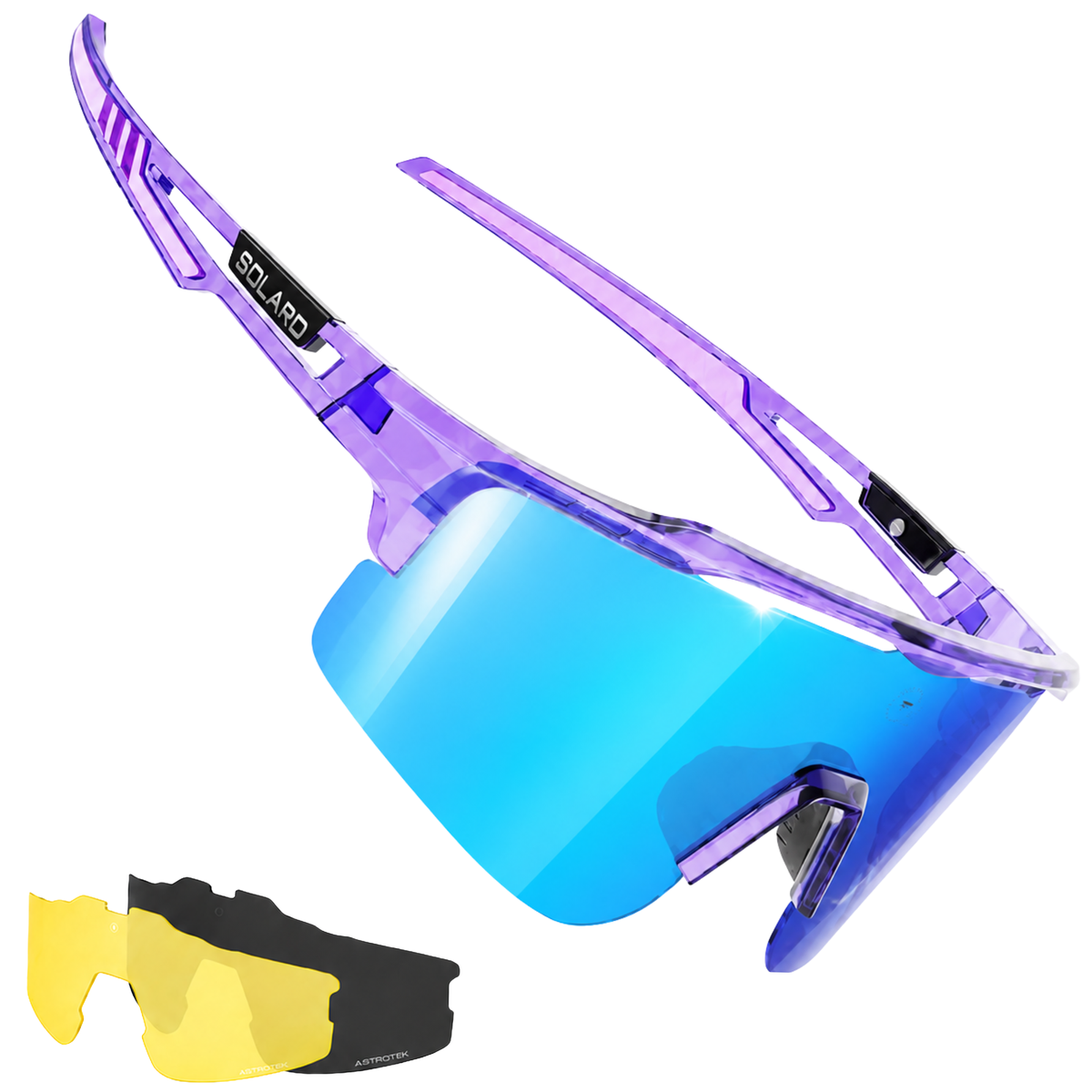 Purple and blue performance baseball sunglasses by Solaro Shades.