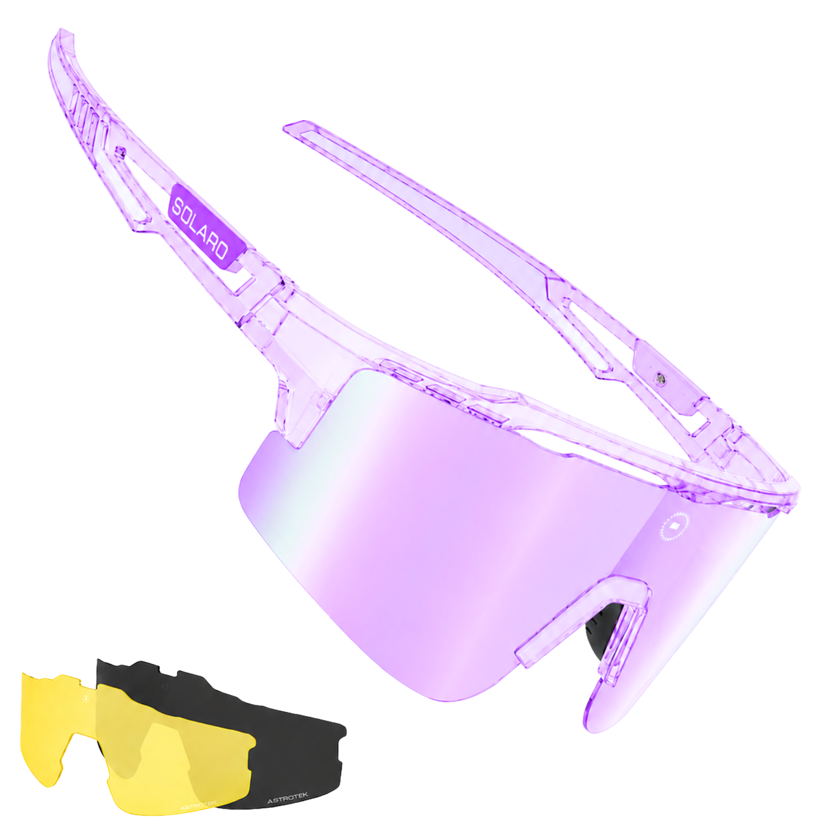 Purple baseball performance sunglasses called "purple crush cosmos" by Solaro Shades.