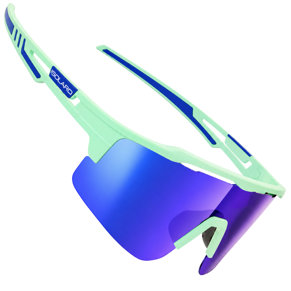 SOLARO wrap-around baseball sunglasses with a mint green frame, blue accents on the temples, and a large mirrored blue-to-purple lens, shown on a plain white background.