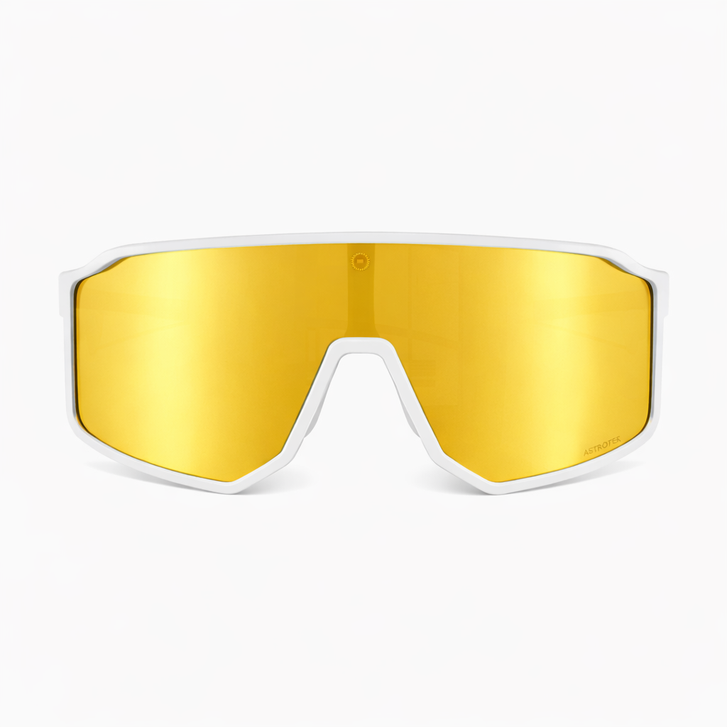 Youth baseball Sunglasses with gold reflective lenses and white frame on a white background.