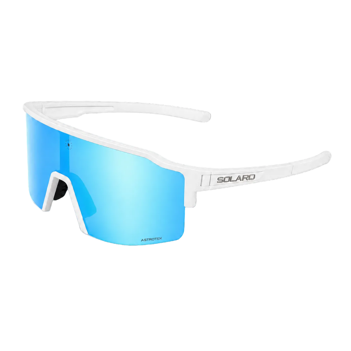 Solaro Frozen Peak Jr. youth sports sunglasses with white frame and blue mirrored lens, side view