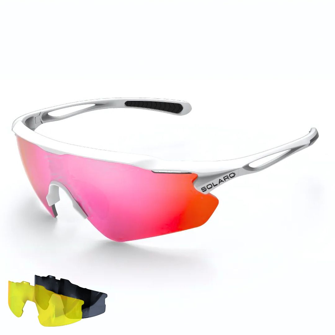 Solaro Shades Nova Sunglasses for baseball and softball. White frame and red lens. Best sunglasses for baseball. Multiple lenses included.