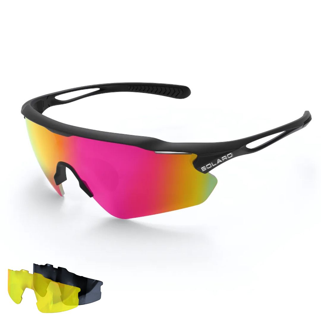 Solaro Shades Nova Sunglasses for baseball and softball. Black frame and red lens. Best sunglasses for baseball.  Multiple lenses included.