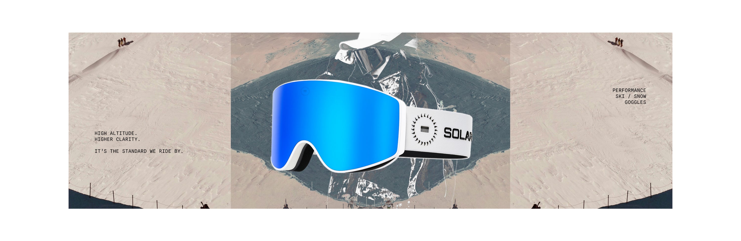 Solaro Shades ski goggles with blue mirrored lens and white strap displayed over a mountain background with the tagline ‘High Altitude. Higher Clarity.’ emphasizing premium ski and snow goggles performance.