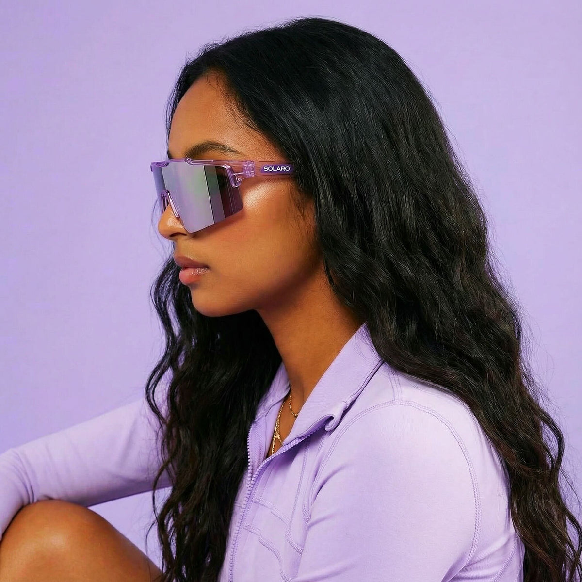 Woman wearing Solaro Shades baseball sunglasses.