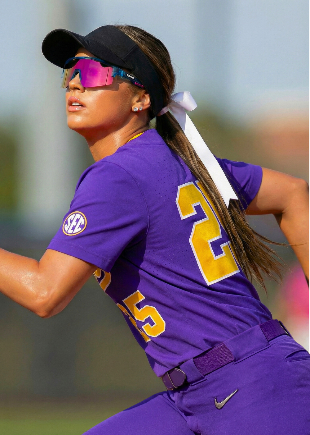 LSU softball athlete wearing Solaro Shades softball sunglasses.