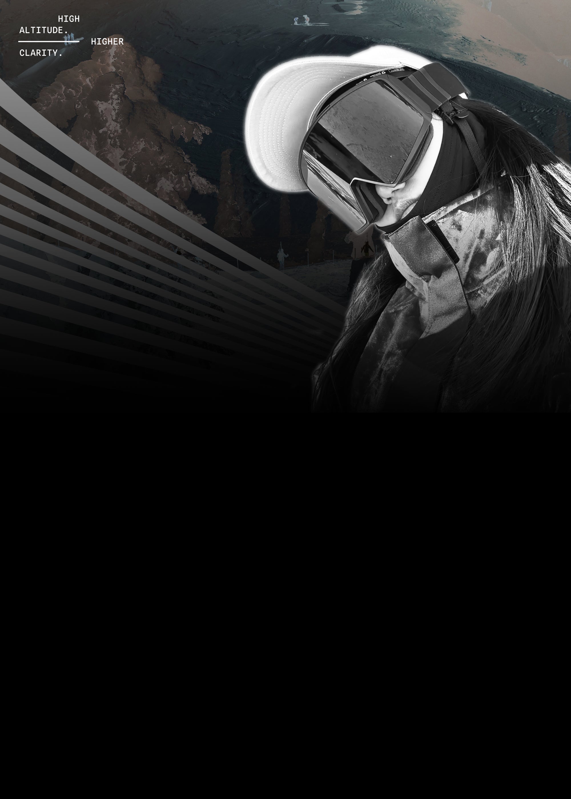 Solaro Shades ski goggles with blue mirrored lens and white strap, designed for skiing and snowboarding performance, shown with snowboard action graphics in the background.