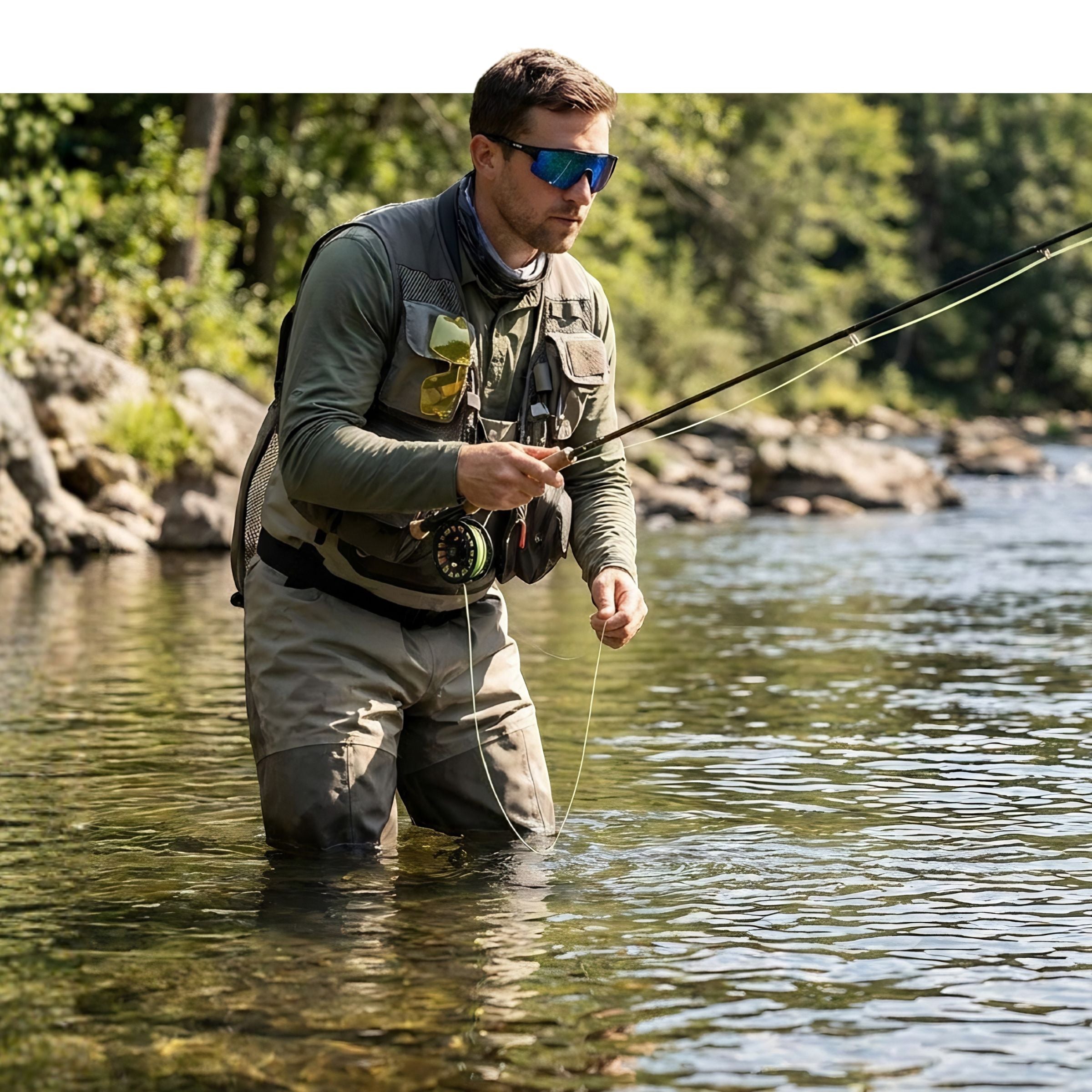 Man wearing Solaro Shades fishing sunglasses while fishing.