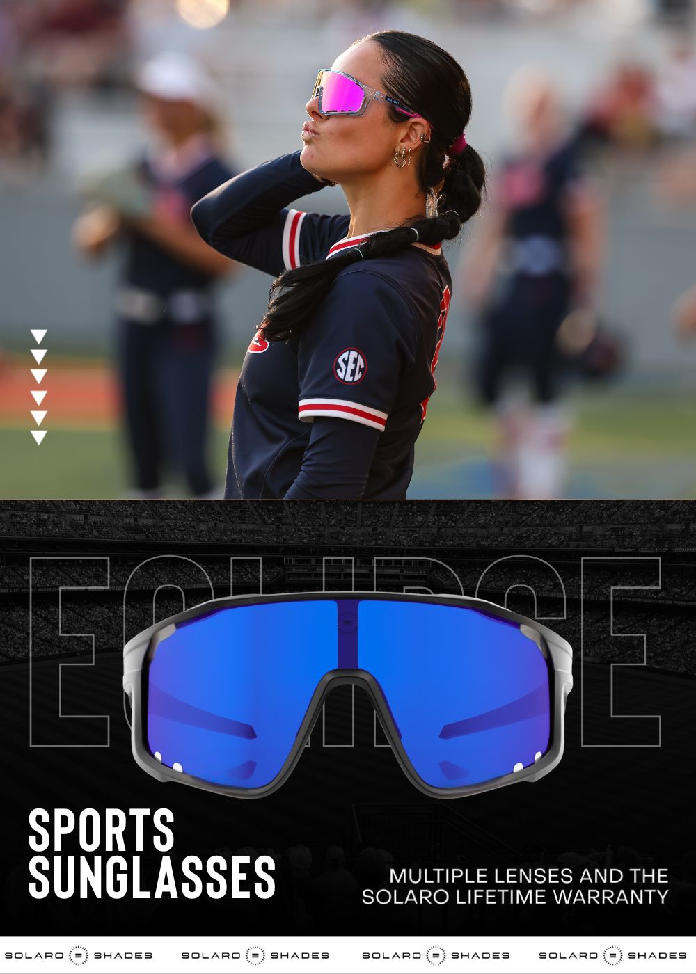 Softball athlete wearing Solaro Shades softball sunglasses for Ole Miss Softball.