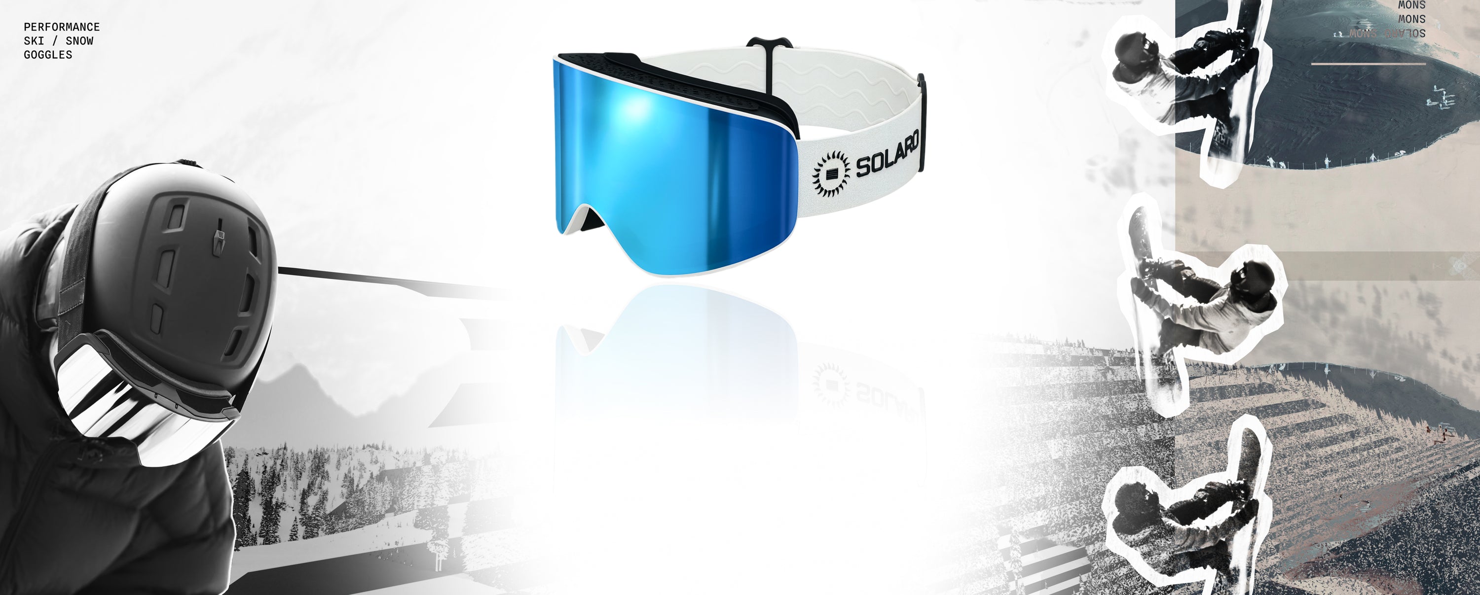 Solaro Shades ski goggles with blue mirrored lens and white strap, designed for skiing and snowboarding performance, shown alongside action shots of snowboarders and mountain scenery. Top ski goggles and snow goggles.