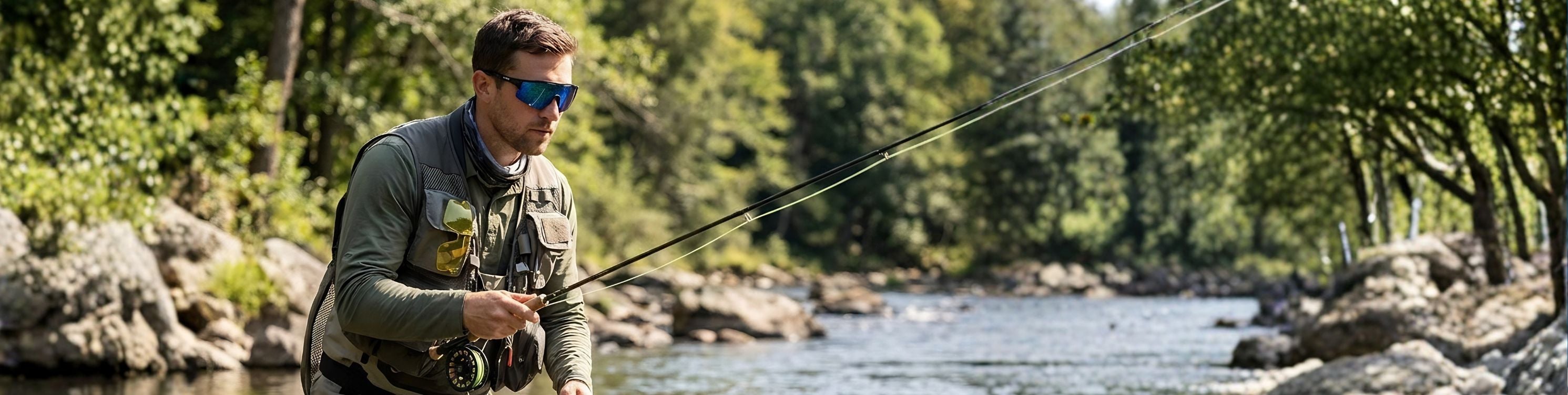 Man wearing Solaro Shades fishing sunglasses while fishing.
