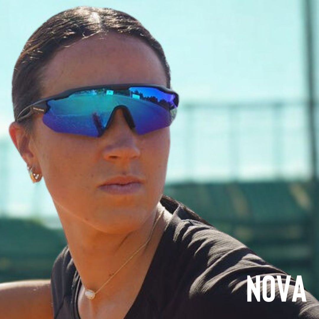 Solaro Shades softball sunglasses in the Nova frame shape. Modeled by September Flanagan of Kansas Softball. Best softball sungalsses