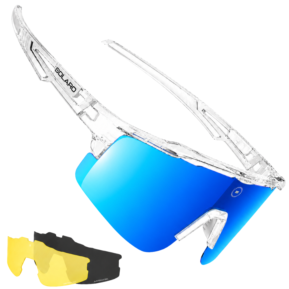 Baseball sunglasses from Solaro Shades. This model is the cracked ice version with a clear frame and blue lenses.