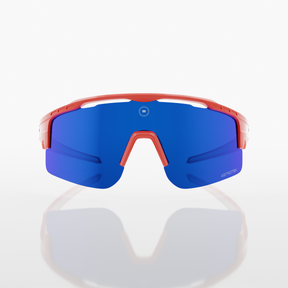 Wilyer Abreu's ABREU 2 Solaro Shades Baseball Sunglasses. A Red frame with blue lenses, includes 2 bonus lenses and the Solaro Lifetime Warranty.