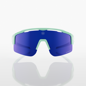 Solaro Shades Mint Fresh sunglasses with blue lenses and green frames on a white background