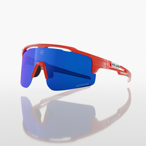 Wilyer Abreu's ABREU 2 Solaro Shades Baseball Sunglasses. A Red frame with blue lenses, includes 2 bonus lenses and the Solaro Lifetime Warranty.
