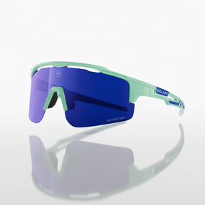 Solaro Shades Mint Fresh sunglasses with blue lenses and green frames on a white background