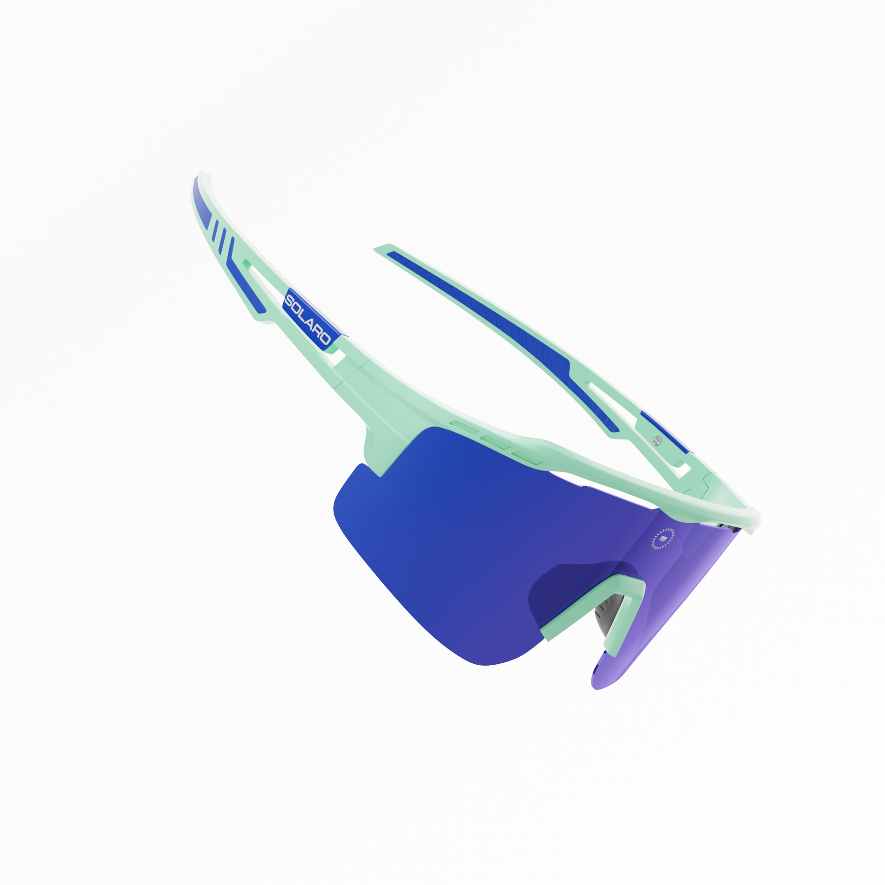 Solaro Shades Mint Fresh sunglasses with blue lenses and green frames on a white background