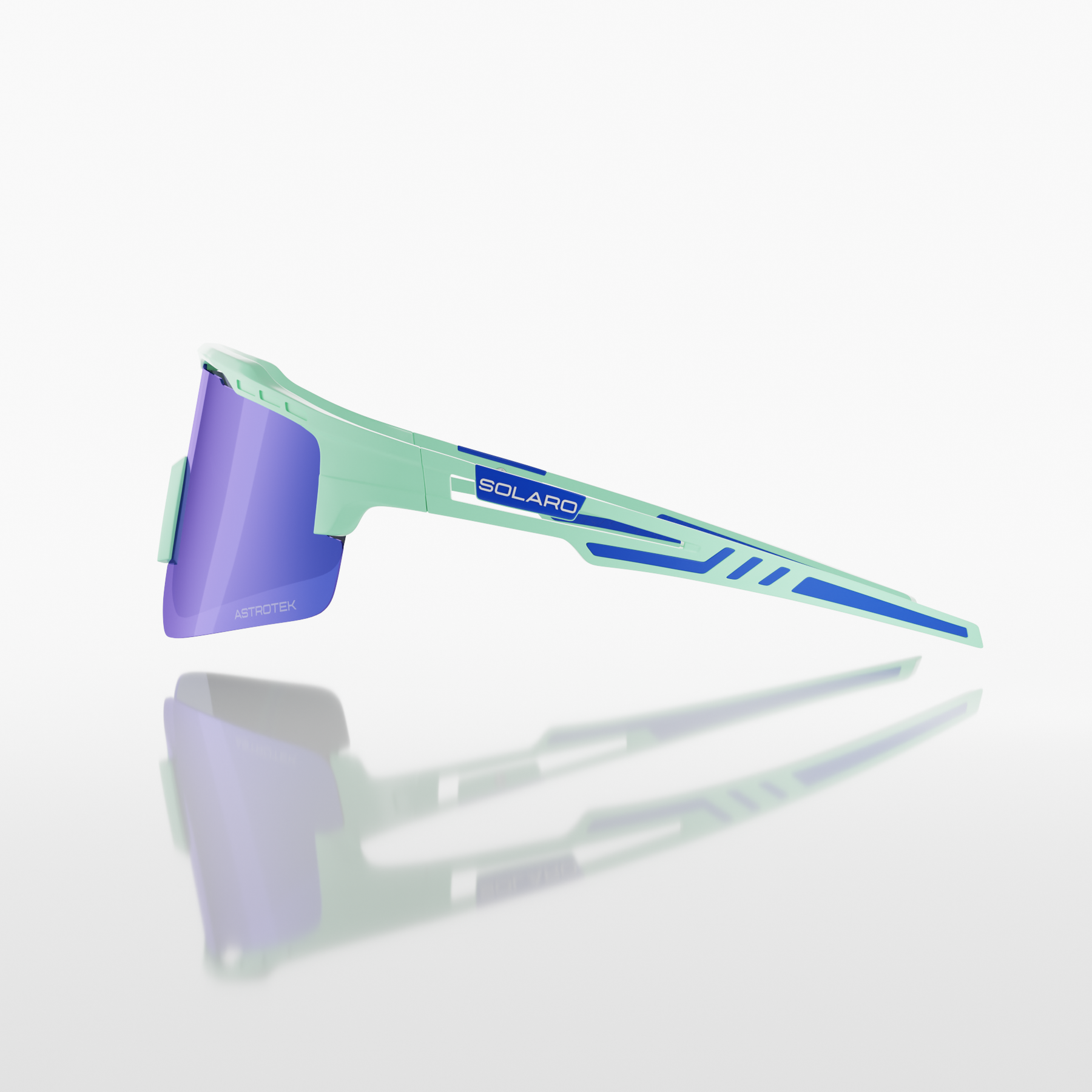 Solaro Shades Mint Fresh sunglasses with blue lenses and green frames on a white background