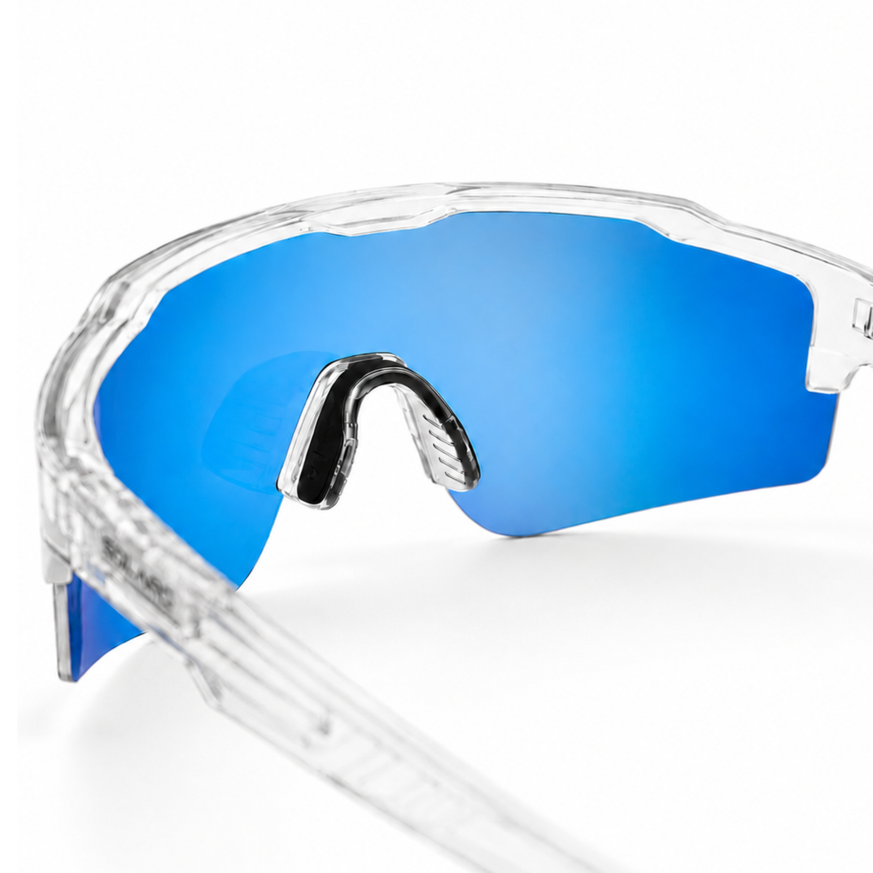 Clear-framed solaro shades baseball sunglasses with blue lenses on a white background