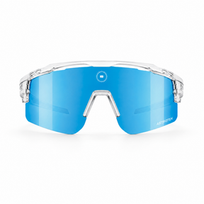Blue solaro shades baseball sunglasses with clear frame on a white background