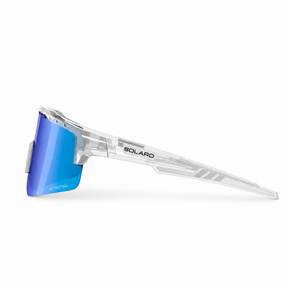 Sports Sunglasses by Solaro Shades with blue mirrored lens and clear frame on a white background