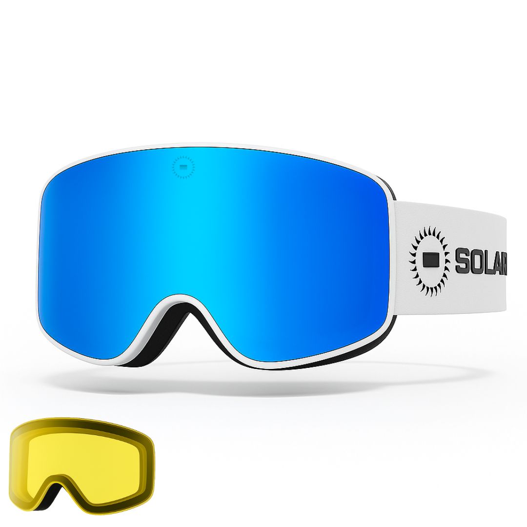 Solaro Shades ski goggles. Top rated Snow goggles with an interchangeable lens for skiing at all times of day. Best snow goggles of 2025.