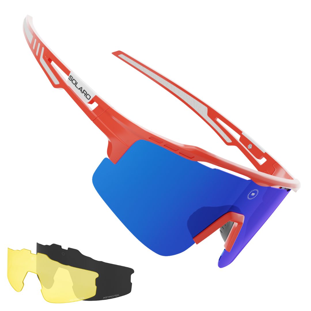 Wilyer Abreu's ABREU 2 Solaro Shades Baseball Sunglasses. A Red frame with blue lenses, includes 2 bonus lenses and the Solaro Lifetime Warranty.