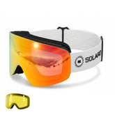 Solaro Shades ski goggles, the top-rated value in Ski Goggles according to expert skiing professionals.  These are the Lava Rush color variation, which cost half of the competitors. 