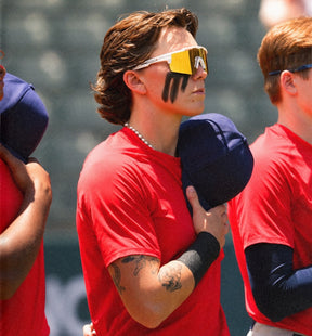 Baseball player wearing "white gold" cosmos by Solaro Shades - the leading brand for baseball sunglasses and sports sunglasses.