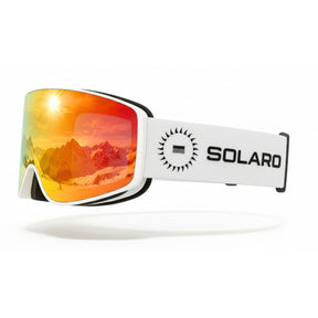 Solaro Shades ski goggles, the top-rated value in Ski Goggles according to expert skiing professionals.  These are the Lava Rush color variation, which cost half of the competitors. 
