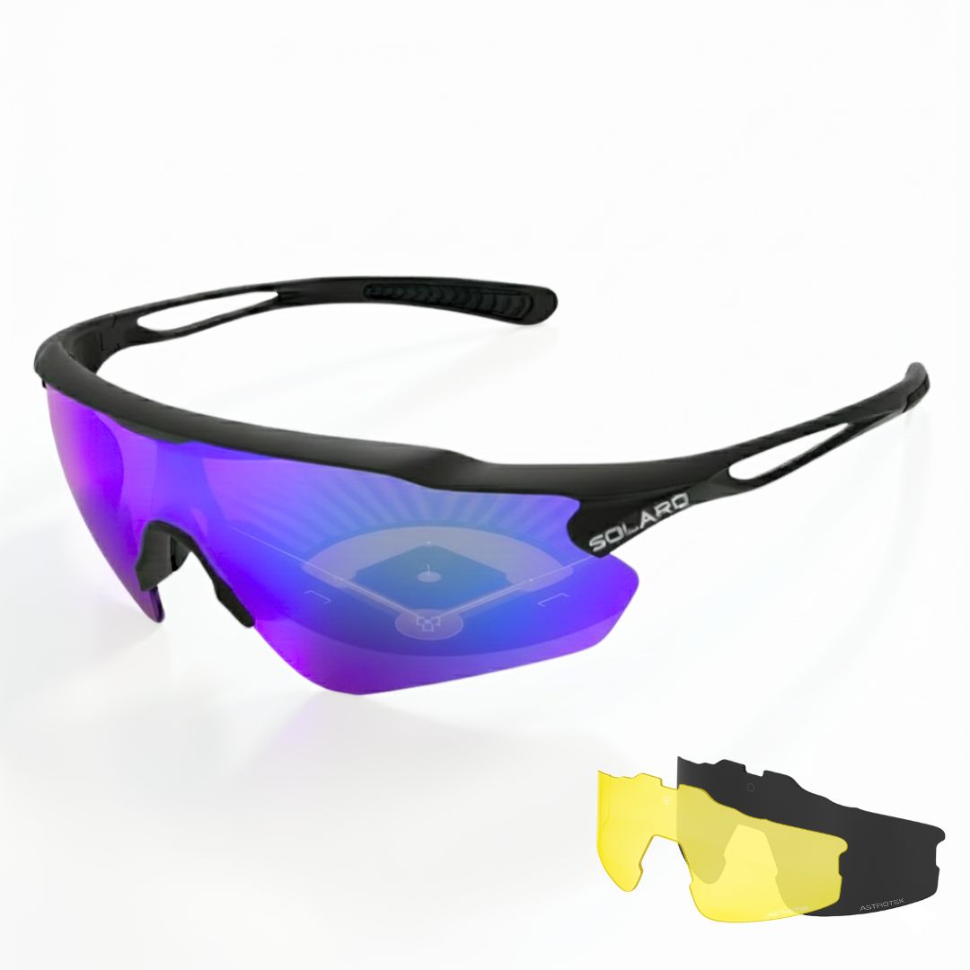 Solaro Shades baseball sunglasses. Black and purple sports sunglasses for softball, running, and more. 