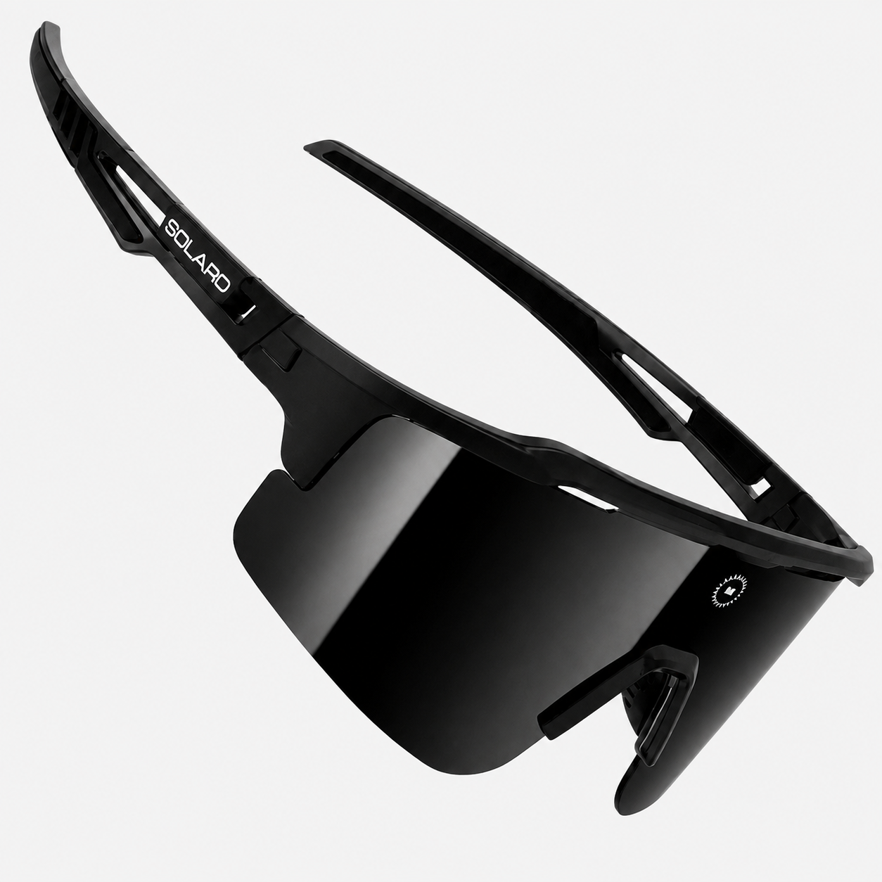 Black mirrored lens baseball sunglasses from Solaro Shades, great for running, softball and more. 