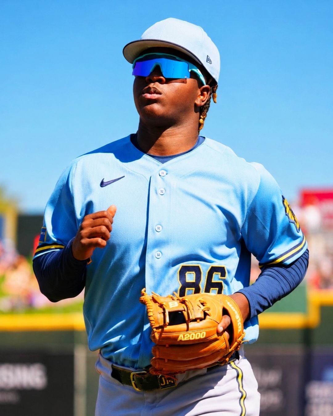 Jesus Made of the Milwaukee Brewers wearing solaro Shades Made by Jesus baseball sunglasses. 
