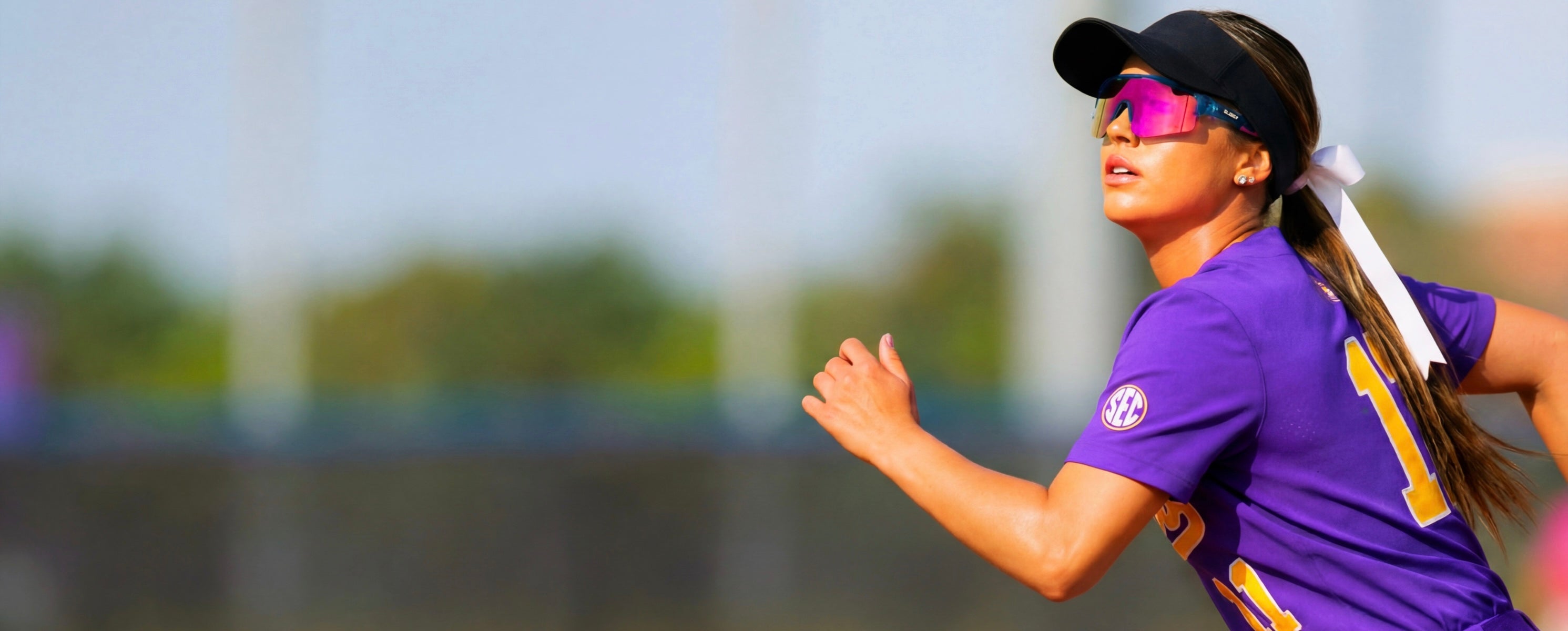 LSU softball athlete wearing Solaro Shades softball sunglasses. 