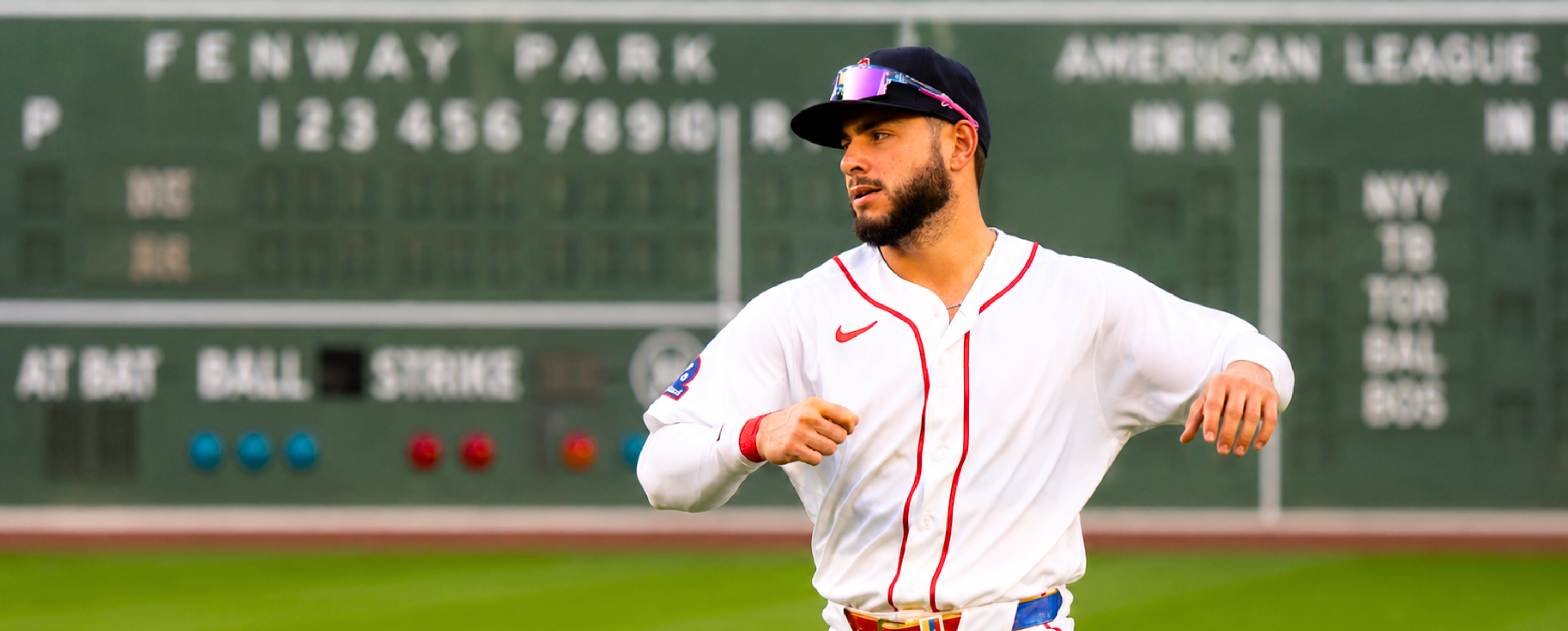Baseball sunglasses from Solaro Shades worn by Wilyer Abreu of the Boston Red Sox.