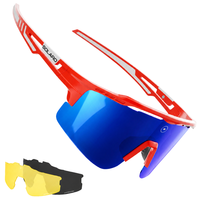 Wilyer Abreu's ABREU 2 Solaro Shades Baseball Sunglasses. A Red frame with blue lenses, includes 2 bonus lenses and the Solaro Lifetime Warranty.