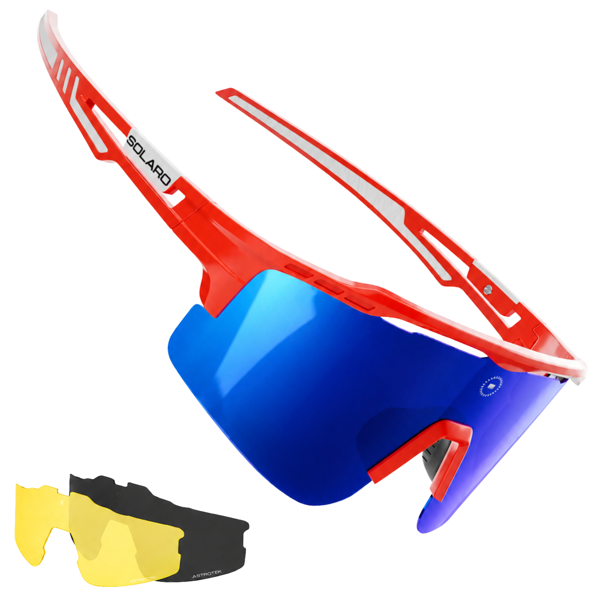 Wilyer Abreu's ABREU 2 Solaro Shades Baseball Sunglasses. A Red frame with blue lenses, includes 2 bonus lenses and the Solaro Lifetime Warranty.