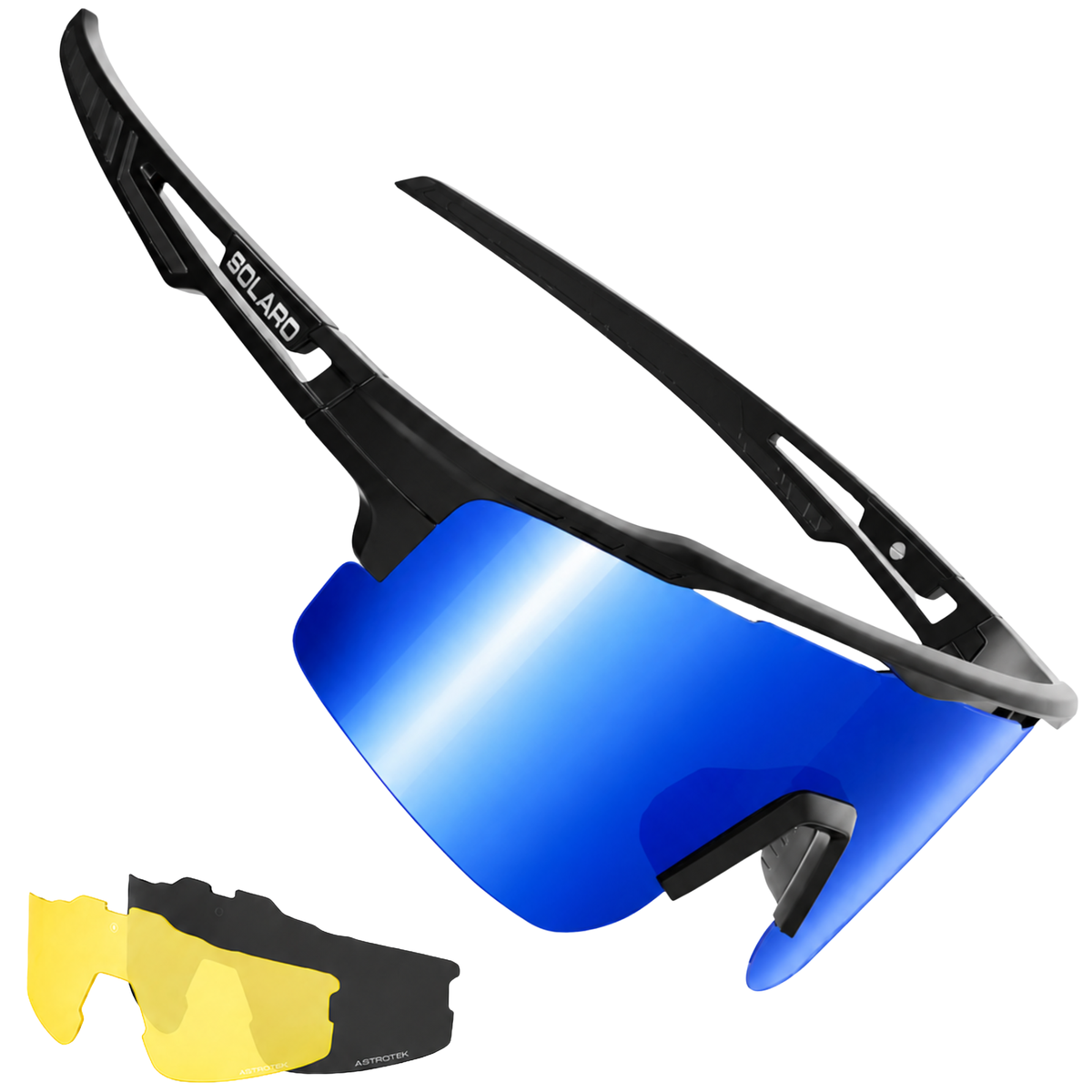 Sports performance baseball Sunglasses with blue lens and black frame by Solaro Shades on a white background.
