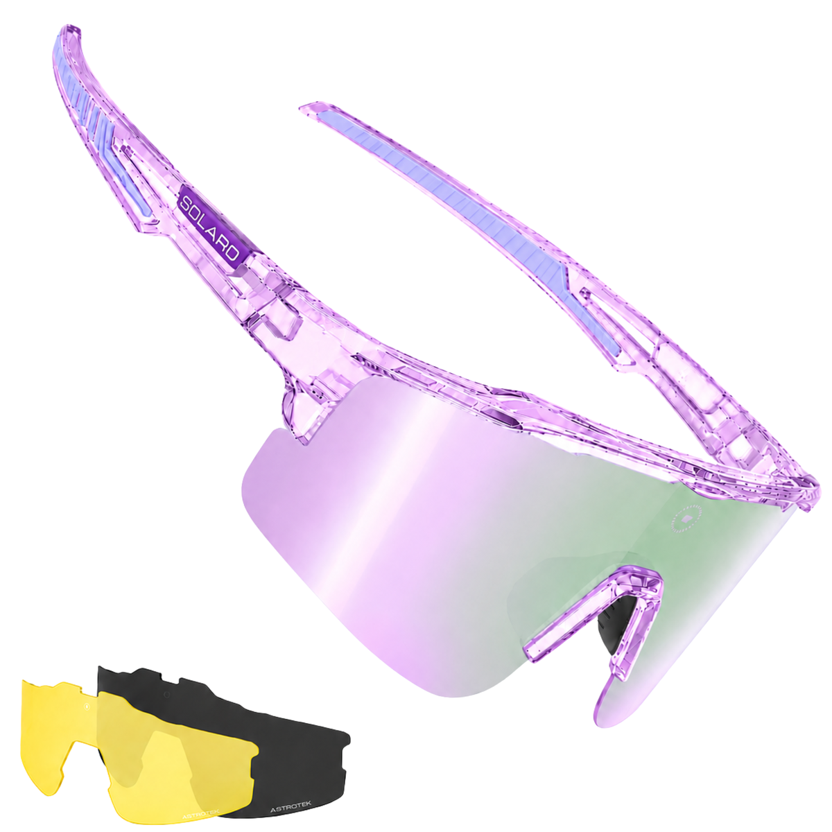 Purple baseball performance sunglasses called "purple crush cosmos" by Solaro Shades.