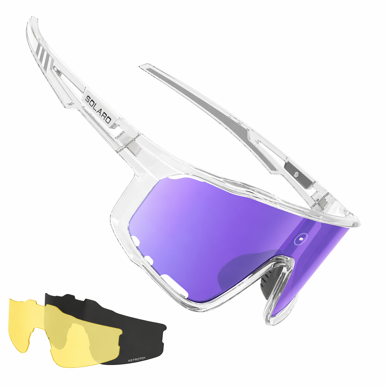 Solaro Shades baseball sunglasses with a clear frame and purple lens. 