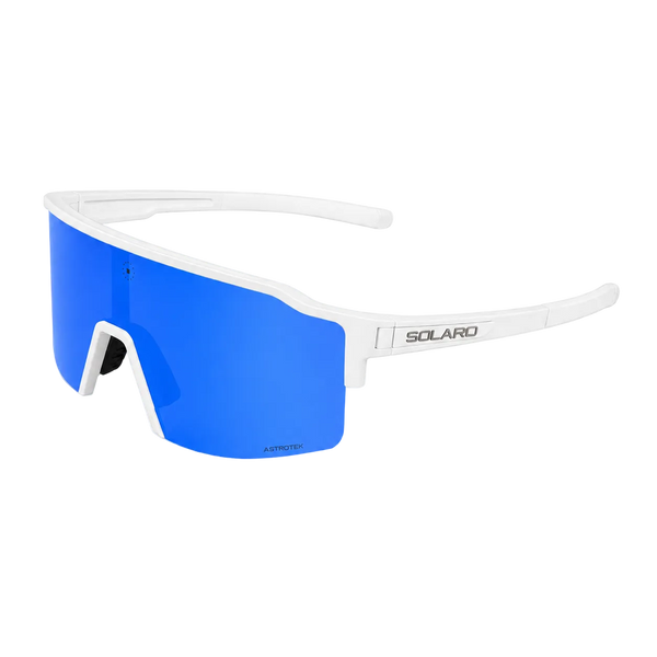 Solaro Frozen Peak Jr. youth sports sunglasses with white frame and blue mirrored lens, side view